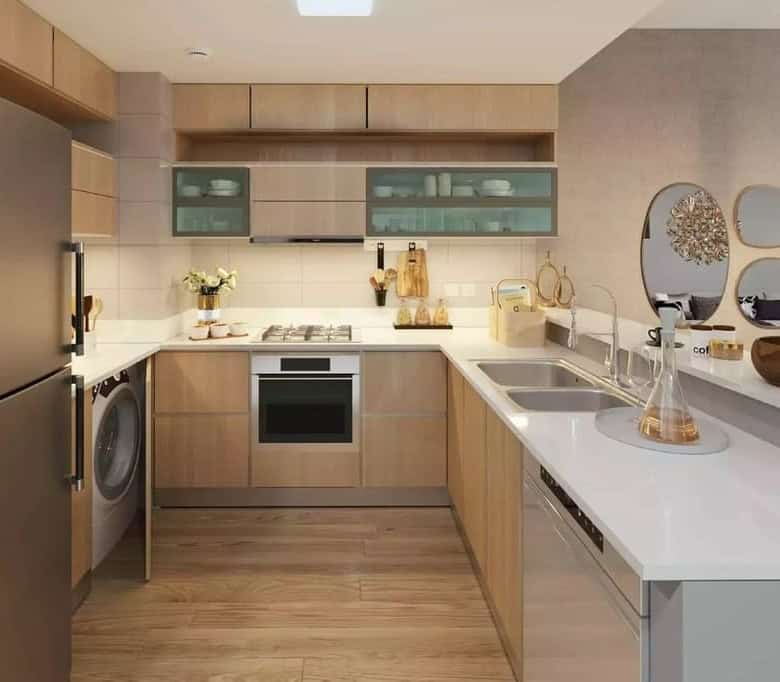 Modern kitchen with neutral tones, featuring built-in appliances, sleek cabinetry, and minimalist decor, ideal for contemporary Italian living.