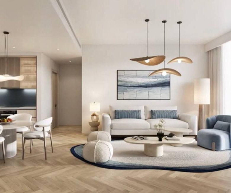 Luxurious modern living room with sea views, featuring elegant decor, contemporary furniture, and stylish lighting in a premium Italian property.