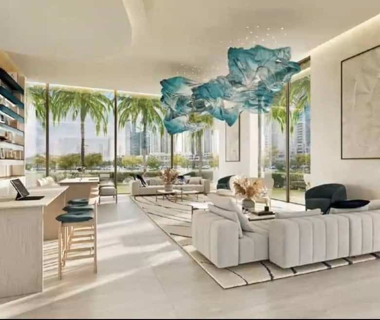 Luxurious modern living room with floor-to-ceiling windows, tropical palm views, stylish furniture, and contemporary interior design in a premium Italian estate.
