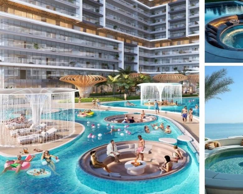 Luxurious outdoor pool area with modern design, cascading waterfalls, and panoramic ocean views, perfect for relaxation and entertainment.