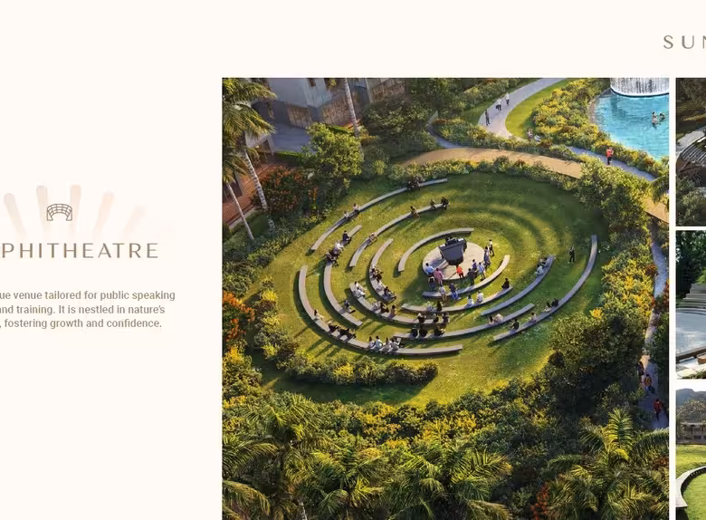 Lush outdoor amphitheater surrounded by vibrant gardens and pathways.