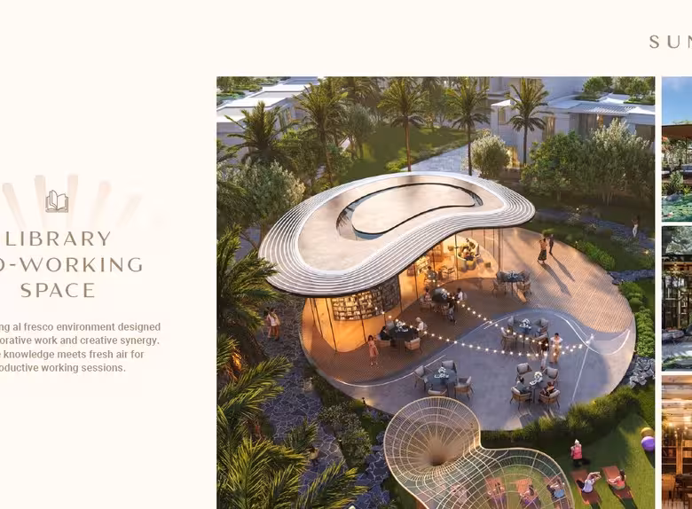 Modern library and co-working space in lush outdoor setting.