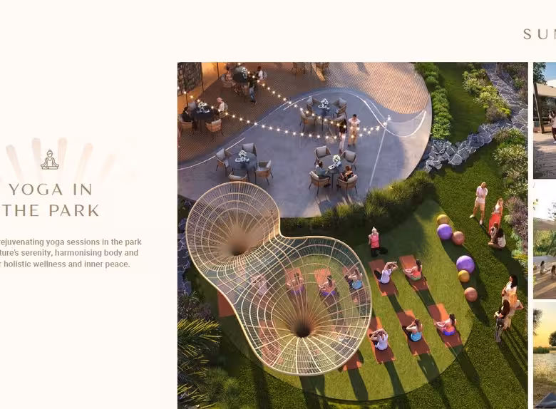 Outdoor yoga sessions in serene park setting with attendees.