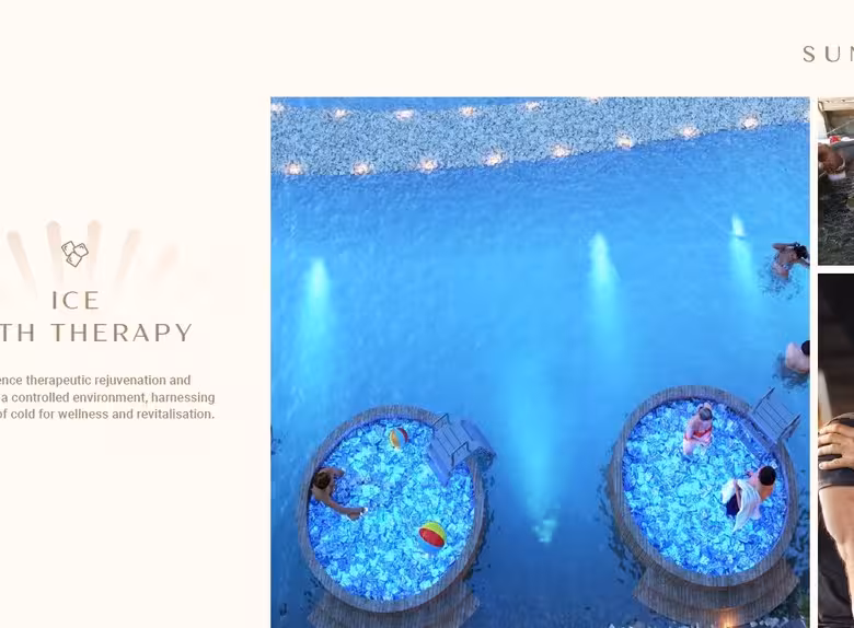 People enjoying ice bath therapy at wellness retreat.