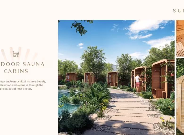Outdoor sauna cabins amidst lush gardens and pathways.