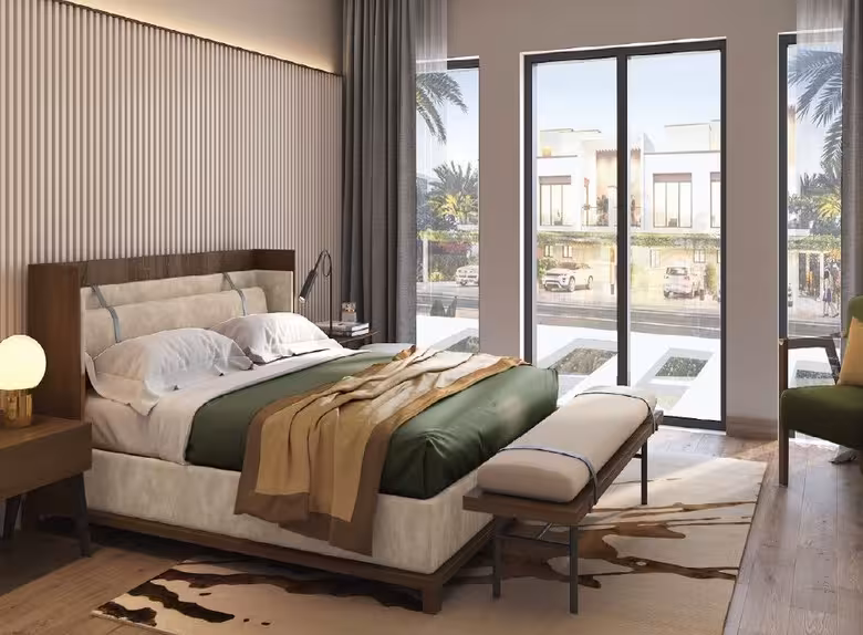 Modern bedroom with terrace view, stylish interior design.