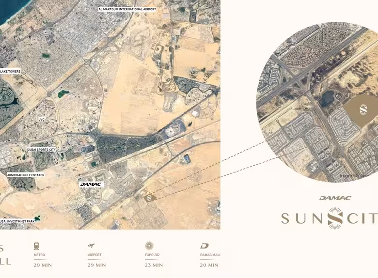 Aerial view of DAMAC Sun City development and surrounding areas.
