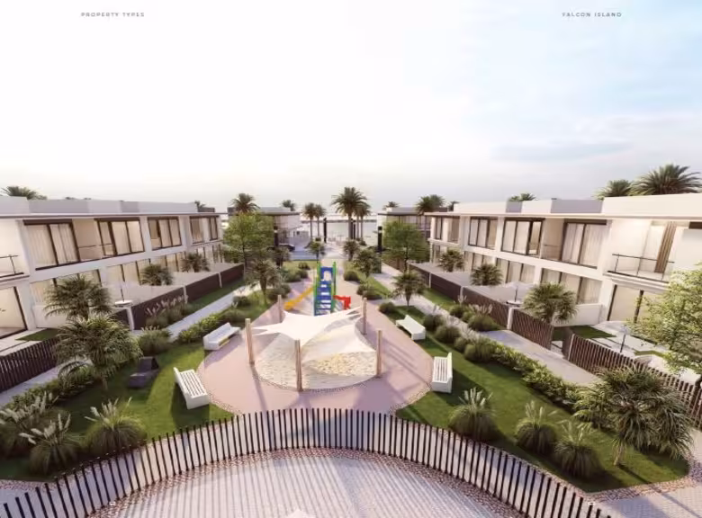 Aerial view of modern residential villa community.