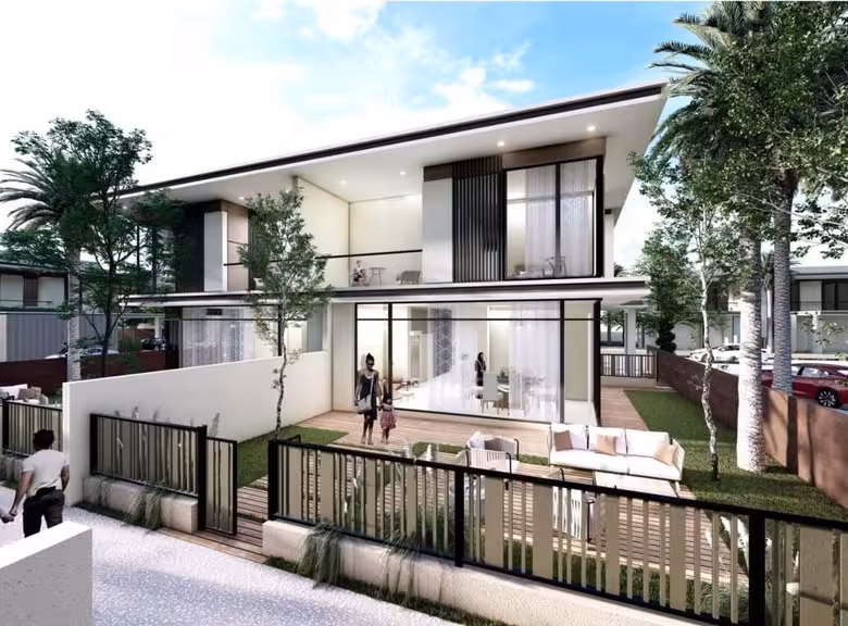 Modern two-story house with expansive garden and outdoor seating.