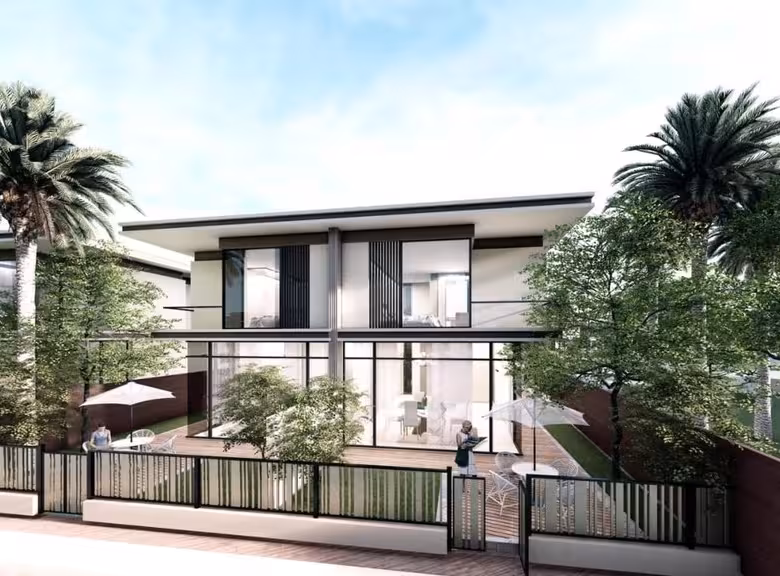 Modern villa architectural rendering with palm trees.