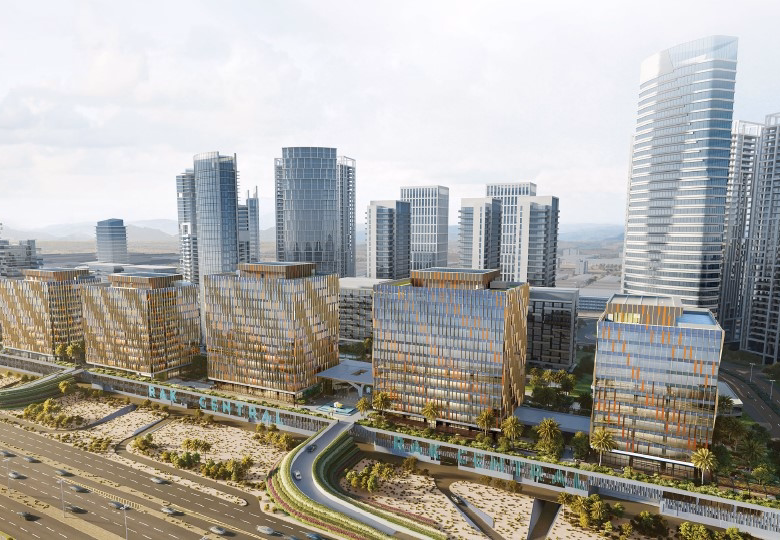 Modern cityscape with skyscrapers and lush greenery.