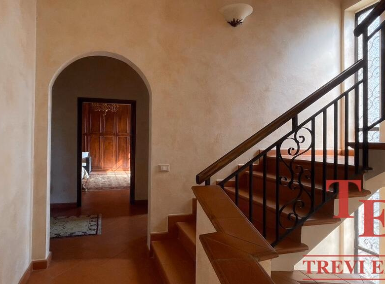 Elegant interior with staircase and arched doorway.