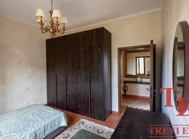 Classic bedroom with wooden wardrobe and chandelier