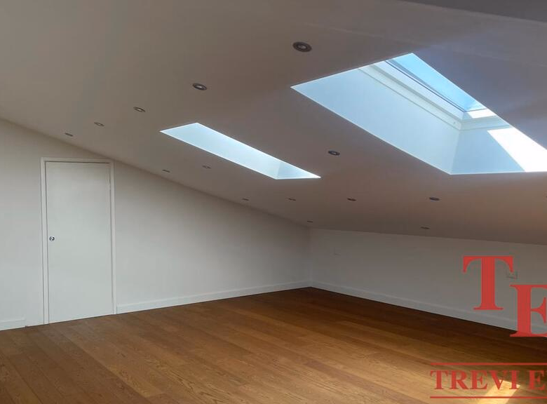 Empty attic room with skylights and hardwood floor.