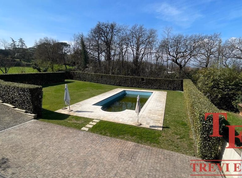 Luxurious garden with pool and lush greenery.