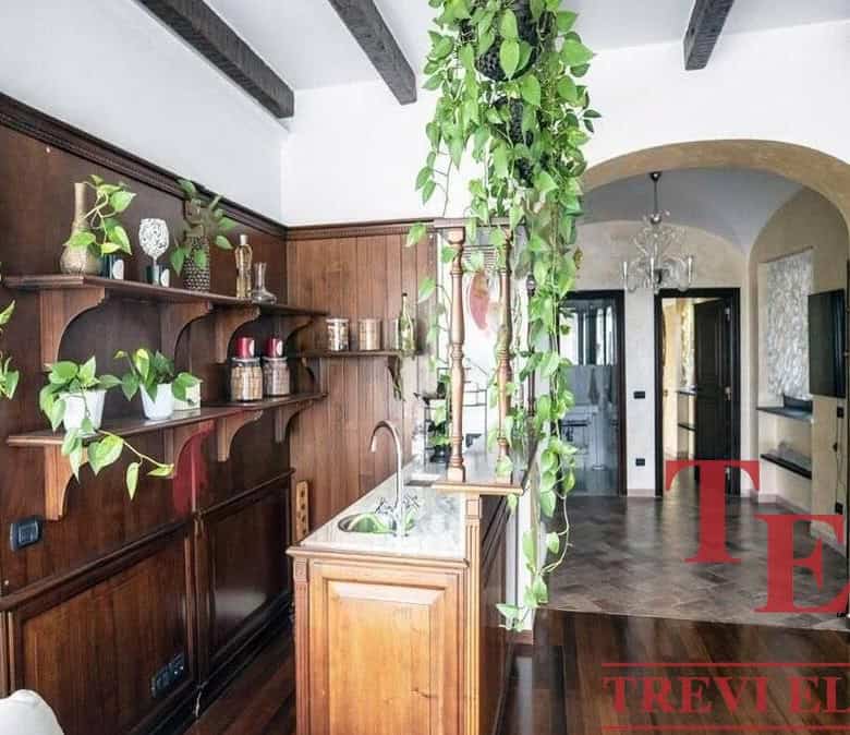 Lush green hanging and potted plants decor a charming kitchen with wooden accents and exposed ceiling beams; a perfect blend of rustic elegance and modern comfort.