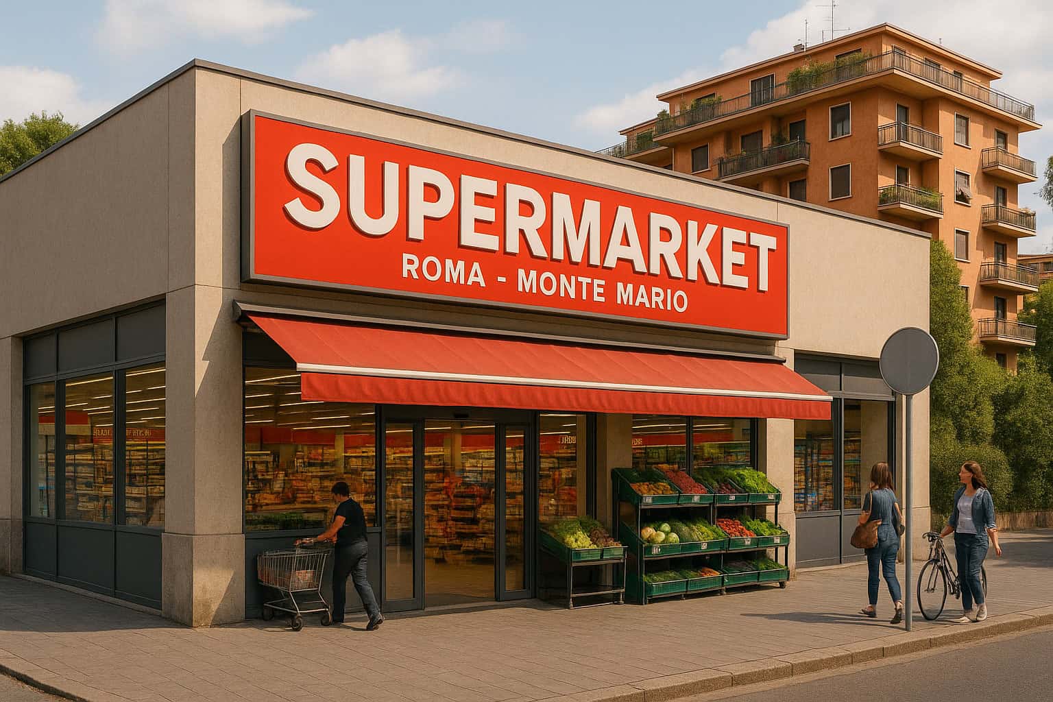 Red and white Supermarket sign outside a store in Rome, Italy, with a modern building and greenery in the background.