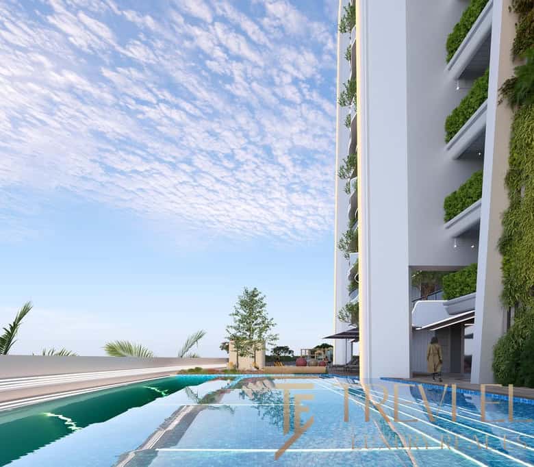 Luxurious modern Italian residential building with vibrant green walls and a sleek pool area, offering contemporary design and lush greenery. Perfect for elite property seekers in Italy.