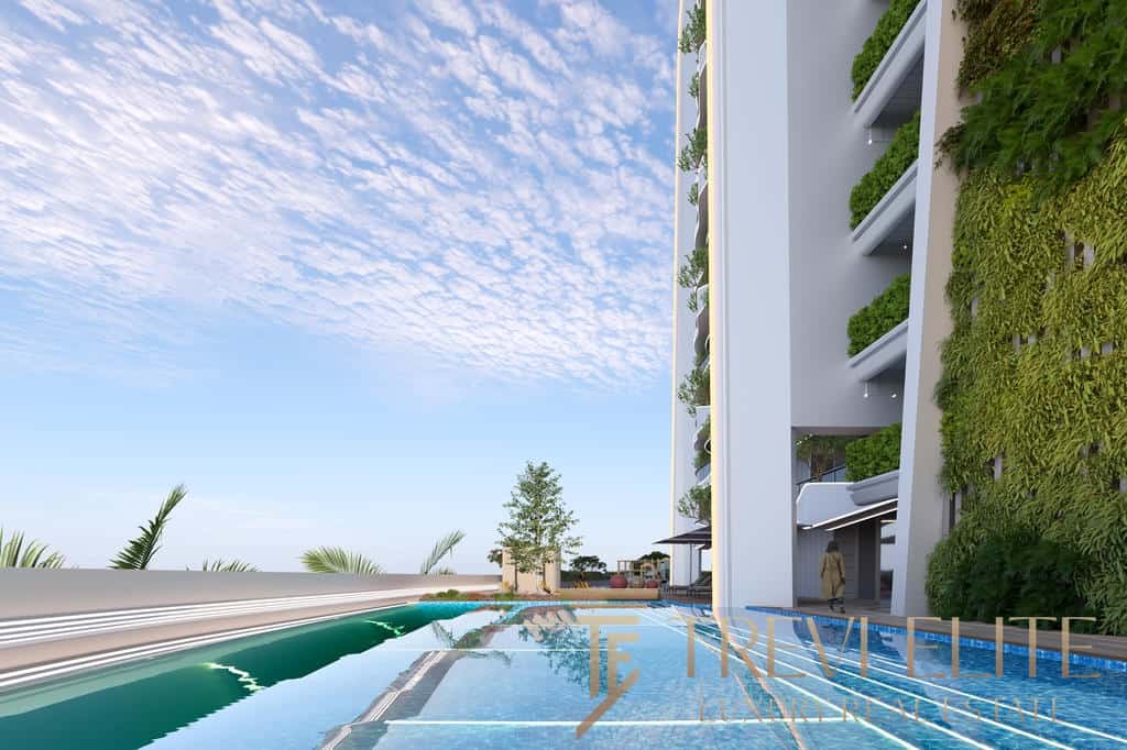 Luxurious modern Italian residential building with vibrant green walls and a sleek pool area, offering contemporary design and lush greenery. Perfect for elite property seekers in Italy.