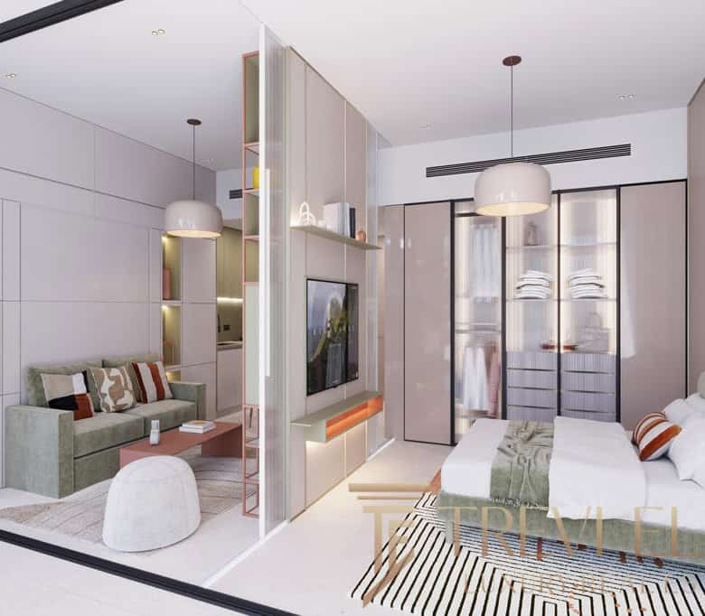 Luxurious modern bedroom with sleek design, neutral colour palette, and elegant decor, showcasing high-end Italian interior style by Trevi Elite.