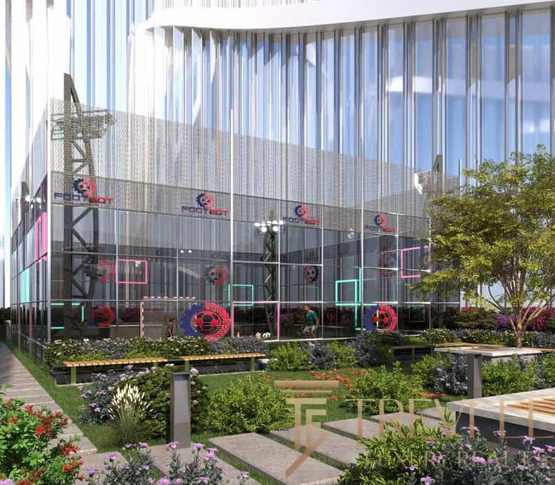 Luxurious modern glass building with a lush rooftop garden, vibrant flowers, and contemporary design elements, showcasing premium Italian real estate by Trevi Elite.