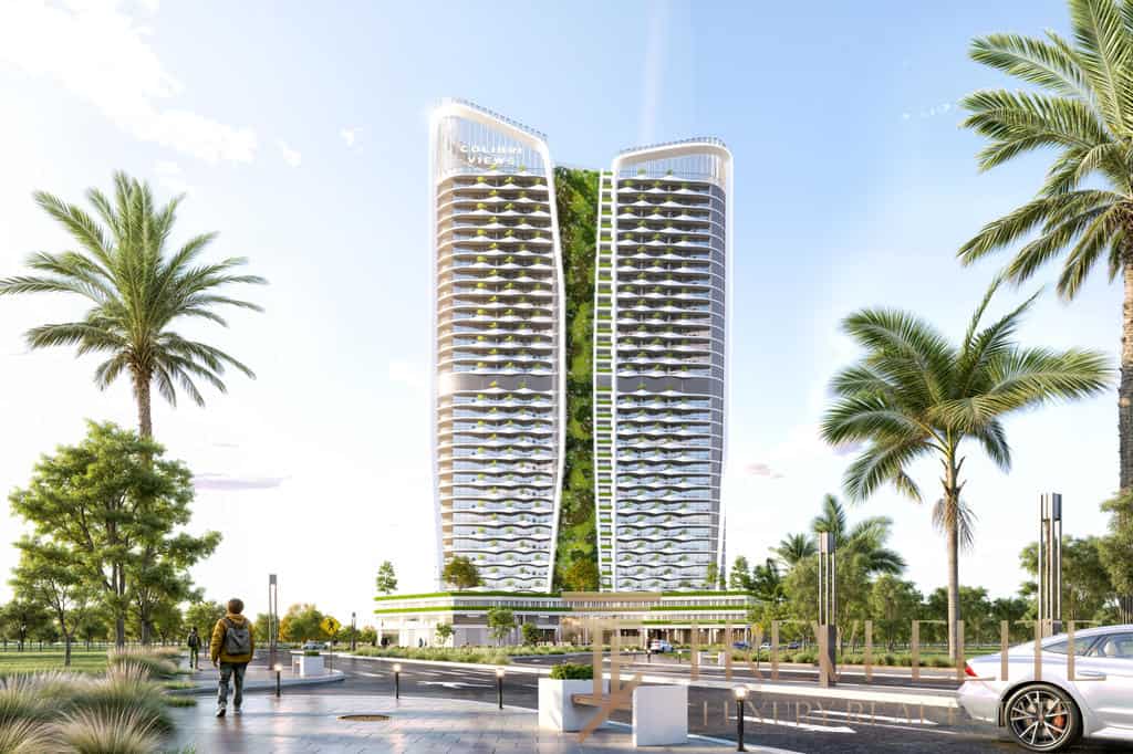 Modern twin skyscrapers with lush vertical gardens in a luxurious urban setting, surrounded by palm trees and a landscaped promenade. A sleek, contemporary design perfect for high-end real estate investors.