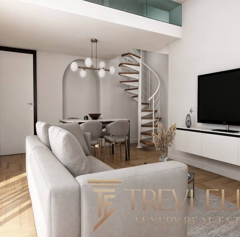 Luxurious modern living room with sleek white walls, contemporary furniture, and a spiral staircase, showcasing sophisticated Italian interior design for high-end real estate buyers - Trevi Elite.