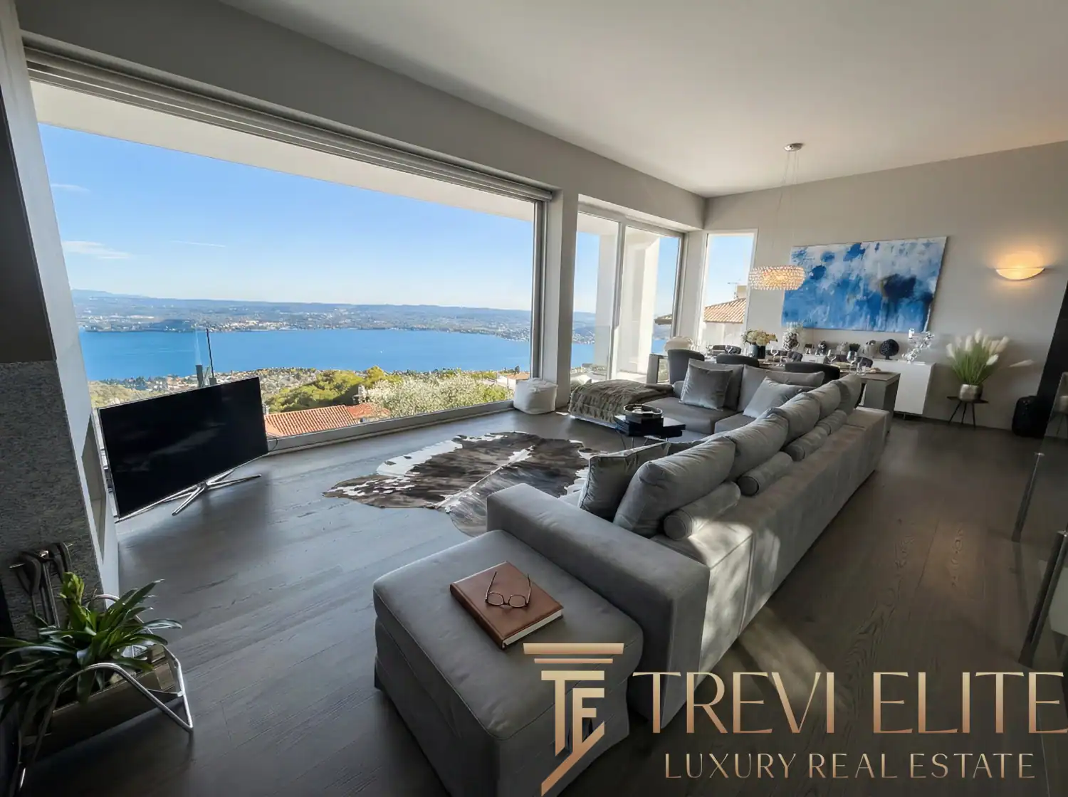 Living area featuring a long grey sofa and dark wood shelving.