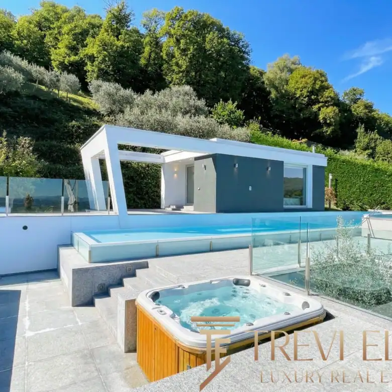 Close-up of the rooftop Jacuzzi area and designer pool house.