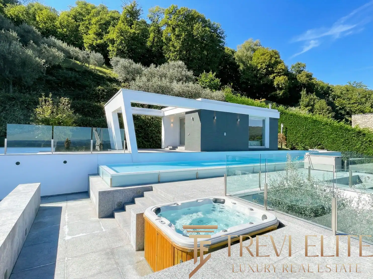 Close-up of the rooftop Jacuzzi area and designer pool house.